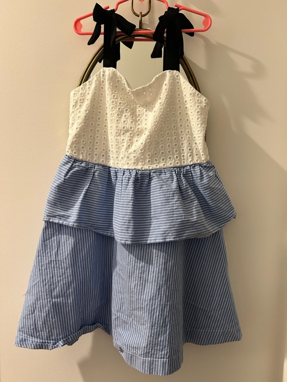 GB girls White Eyelet Bodice Blue Striped Tiered Dress with Black Tie Straps